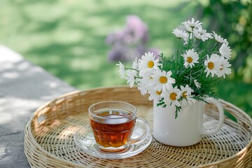 A teacup and daisies on a wicker tray outdoors.