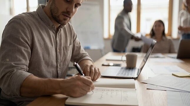 Man writing in notebook with laptop and colleagues in background