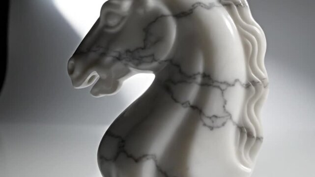 Chess Knight Marble Statue Under Spotlight - Strategy and Game Concept.