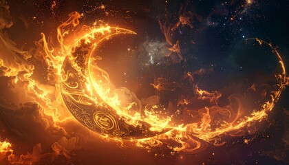 Crescent moon surrounded by fiery flames in space.