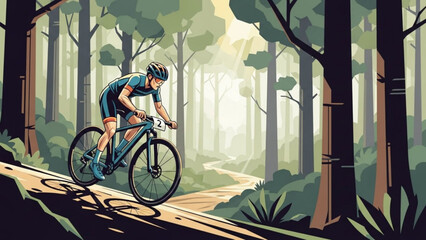 Cyclist riding mountain bike on forest trail with trees and sunlight with cycling and outdoor and adventure and nature and sport with biking