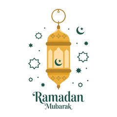 Golden ornate ramadan lantern with crescent moon and stars celebrating ramadan mubarak isolated on white background