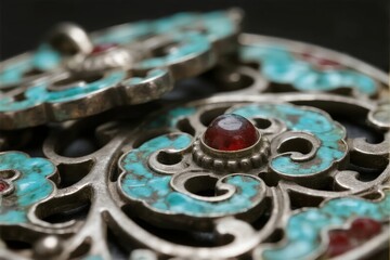 Close-up of an ornate metal pendant with turquoise inlay and red gemstone