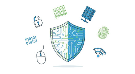 A digital shield stands amidst icons server lock fingerprint and mouse symbolizing cybersecurity © rahim