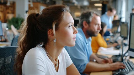 Focused Professional: A close-up shot of a focused professional, a portrait capturing her thoughtful expression amidst the backdrop of a busy office, hinting at dedicated work and concentration.