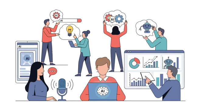 AI team people using computers tablets microphone with AI robot charts