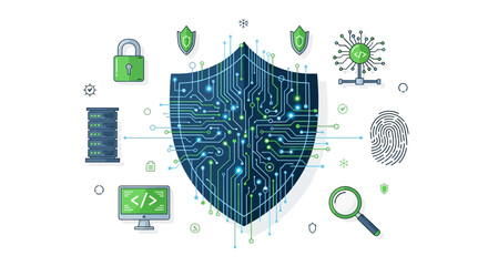 Cyber security shield a networklike pattern inside a shield with surrounding digital icons © rahim