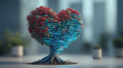 valentine day in the future concept. Heart-shaped tree made of circuits and blossoms.