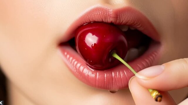 Woman eating a cherry with her lips puckered in a close-up view