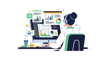 Fototapeta premium Person in headset at desk with a computer displaying charts and code