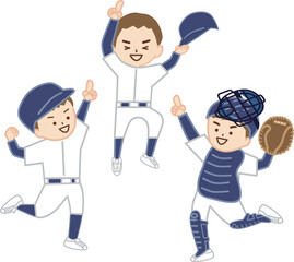 野球の試合に勝ち、ナンバーワンのポーズを取って喜ぶ男の子たち