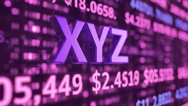 A close-up view of a digital screen displaying a mix of letters and numbers in shades of purple and pink, with the letters XYZ prominently shown in large font
