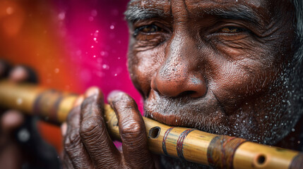 Elderly Musician Playing Flute at Dhaka World Music Festival in Bangladesh