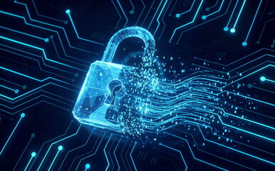 Digital padlock on a circuit board background with flowing data, symbolizing advanced cybersecurity, data protection, and network security.
