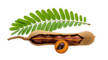 Tamarind fruit and leaves isolated on transparent background