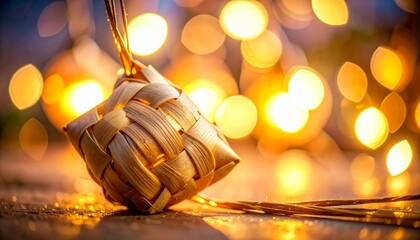 Woven Ketupat Ornament on a Festive Background with Golden Lights.
