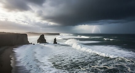 Dramatic Coastal Scene Waves Crashing Under Stormy Skies.