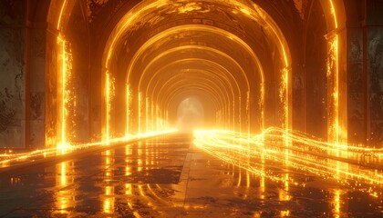 Mysterious tunnel with golden arches and glowing light.