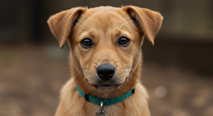 Sweet brown puppy with captivating eyes looks forward in gentle outdoor light creating a heartwarming portrait. AI Generated