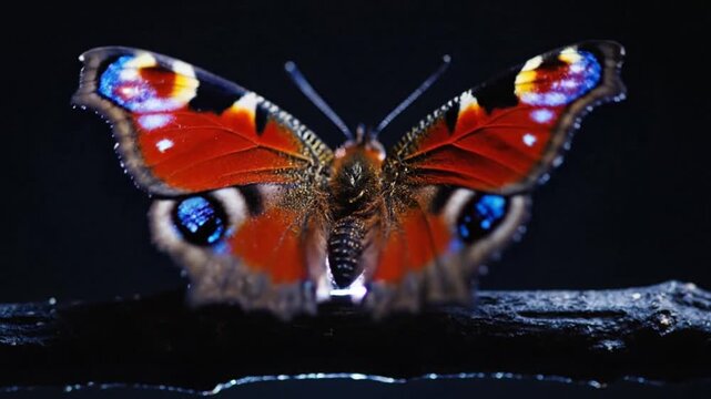 Vibrant Peacock butterfly with intricate wing patterns and striking eye-spots captured in stunning detail against a dark, contrasting background, highlighting its natural elegance and vivid coloration