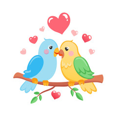 Obraz premium Two colorful lovebirds perched on a branch, with hearts floating around them, symbolizing love and affection in a charming illustration. 
