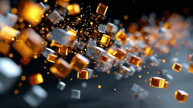 Abstract Cubes in Dynamic Flow: A mesmerizing display of luminous cubes, both golden and silver, cascade dynamically against a dark, ethereal backdrop.