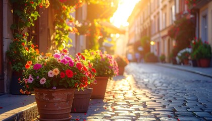 Sunny street scene with flower pots lining the cobblestone path. Sunlight bathes the area, creating a warm, inviting atmosphere. People are at the end of the road