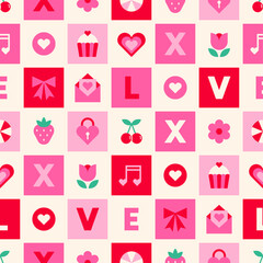 Cute geometric icons seamless square pattern design for design for valentine's day  background.