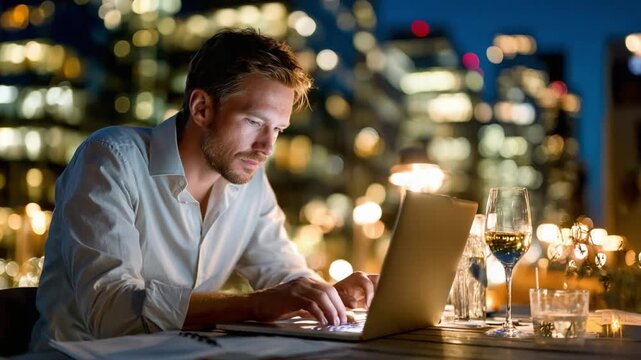 Nighttime Focus: A man engrossed in his laptop, working diligently in a stylish setting at night.