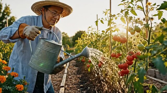 A gardener waters tomato beds under warm sun, amid orange flowers and lush vines. In a sunny garden