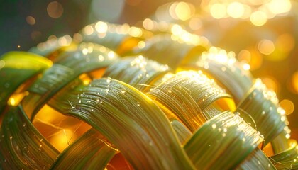 Fresh green leaves with water droplets in sunlight.