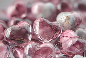 Pink crystal hearts, interspersed with quartz hearts with red veins inside, symbolize the tender love of Valentine's Day.