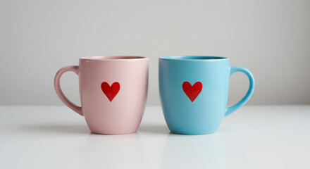 Two pastel heart mugs lovingly placed side by side portraying sweet couple affection bathed in soft studio light. AI Generated