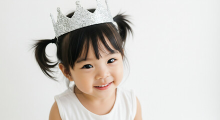 Adorable Asian toddler girl beams cheerfully wearing a shimmering crown on a clean white background. AI Generated