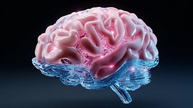 Brain and Thoughts: A mesmerizing 3D rendered human brain floats, its form highlighted with neon light, encapsulating the essence of thought and intellect. 