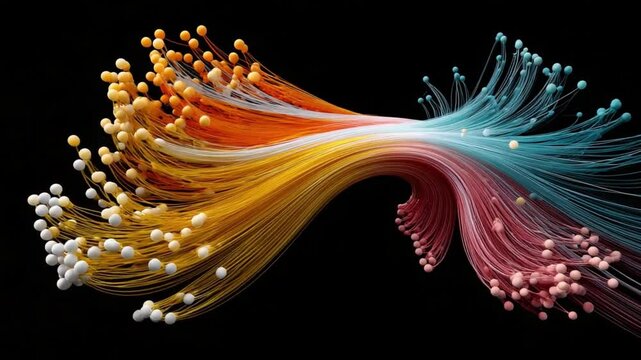 Colorful Fiber Optics: An abstract artwork showcases a vibrant display of multicolored fiber optic strands, interwoven to create a dynamic visual spectacle against a dark backdrop.