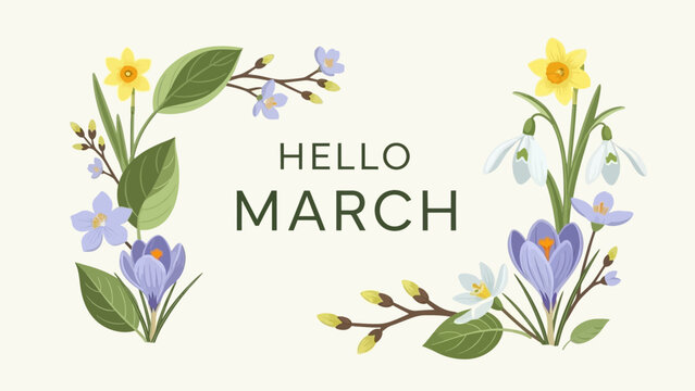 Hello March text surrounded by a beautiful floral border of spring flowers like daffodils, crocuses, snowdrops, and pussy willows on a light background.