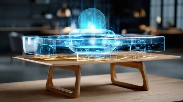 Futuristic Table: A digital hologram of a futuristic tech concept hovers above a wooden table, hinting at innovation and the evolution of everyday objects.