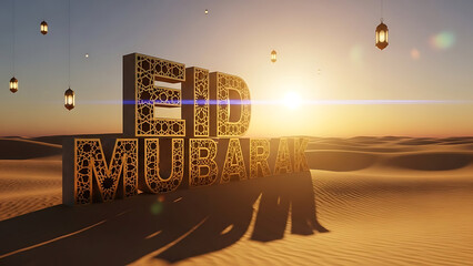 Golden 'Eid Mubarak' greeting shimmering majestically in a vast desert landscape at the golden hour, with decorative lanterns casting warm glows over the sand dunes, symbolizing peace and blessings