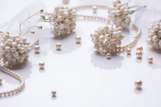  White pearls and pearl clusters on white surface. - Powered by Adobe
