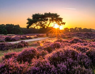 Sunrise bathes a field of purple flowers and a lone tree in golden light, with a path leading towards the vibrant sky