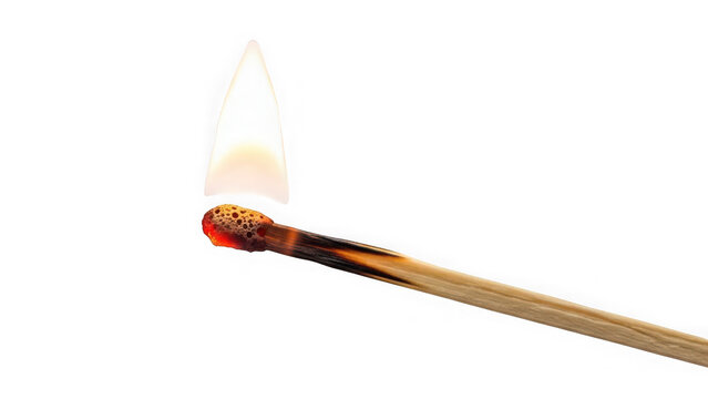 Burning matchstick with flame on transparent background isolated