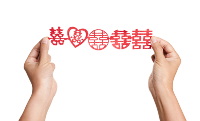Hands Holding Red Chinese Double Happiness Wedding Decoration Isolated on Transparent Background