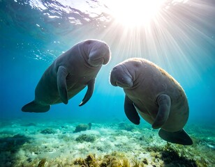 Naklejka premium Two gentle manatees swim gracefully underwater, sun rays shining