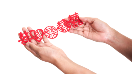 Hands Holding Red Chinese Double Happiness Wedding Decoration Isolated on Transparent Background