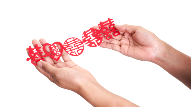 Hands Holding Red Chinese Double Happiness Wedding Decoration Isolated on Transparent Background - Powered by Adobe