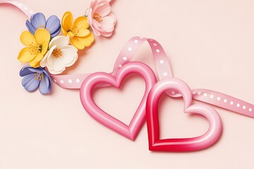 Two pink hearts with flowers and ribbons on pink background.