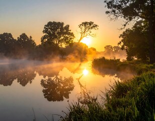 Sunrise illuminates a tranquil lake scene with mist rising, reflecting trees and the sun's radiant glow. Lush greenery borders the water