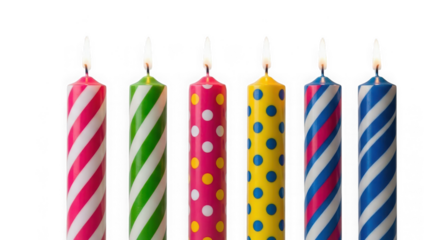 Colorful striped and polka dot birthday candles on transparent background