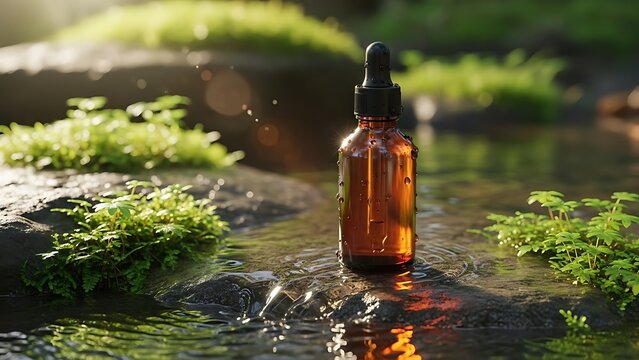 Natural liquid in dropper bottle resting on wet rocks with lush green moss